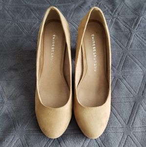 Tan round toe block heels